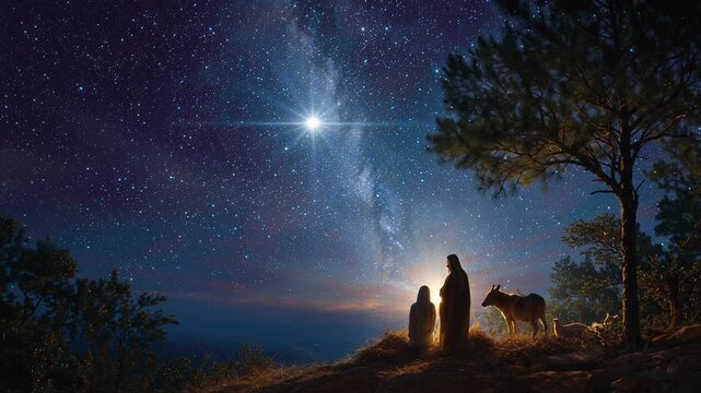 Nativity scene, Christian Christmas concept, Birth of Jesus Christ. Family with holy child in barn in dark blue night.
