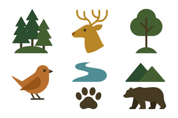 Fototapeta premium Flat forest icons: deer, trees, bear, and nature elements