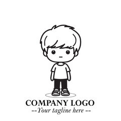 Black and White Chibi Boy Illustration with Jacket and Boots in Bold Thick Line Art Minimal Style