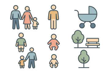 Minimalist family and park icons: parenting, childhood, and nature theme