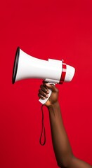 Hand Holding Red and White Megaphone on Clean Red Background