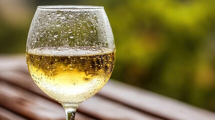 torrontes. Glass of chilled Torrontes wine with condensation on a wooden surface, soft bokeh background. bar promotions, beverage menus, designed for product packaging and bar promotions.