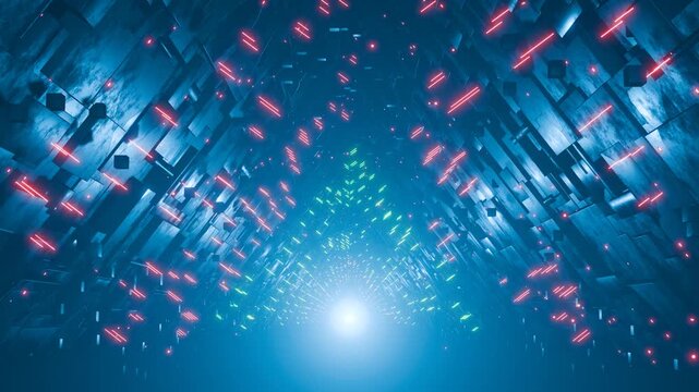 Futuristic Sci-fi Tunnel with Neon Lights and Geometric Patterns