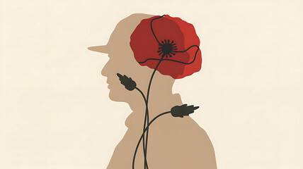 Silhouette of a man wearing a hat with a red poppy growing from his head