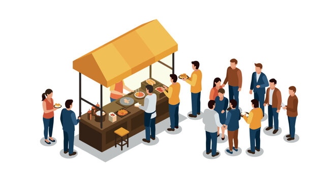 Street food market isometric scene with diverse crowd enjoying outdoor cuisine