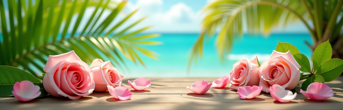 warm summer scene unfolds wooden surface surrounded lush rose petals intertwined palm fronds serene turquoise ocean backdrop