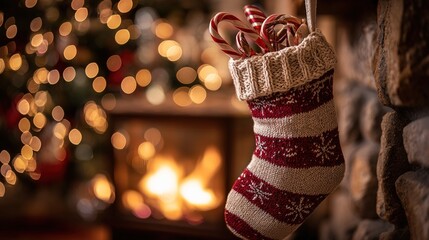 canes. A Christmas stocking filled with gifts hangs by a fireplace, soft lights in the background. event programs, museum guides, designed for cultural heritage projects and event programs.