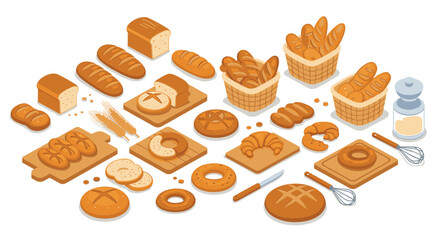 Variety of isometric bread and bakery products on display on white background
