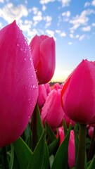 Pink Tulips: A captivating close-up of vibrant pink tulips, their velvety petals adorned with glistening dewdrops, reaching towards a bright blue sky, paints a picture of spring's delicate beauty.