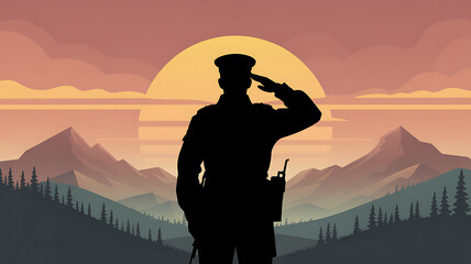 Silhouette of a soldier saluting against a dramatic sunset with mountains