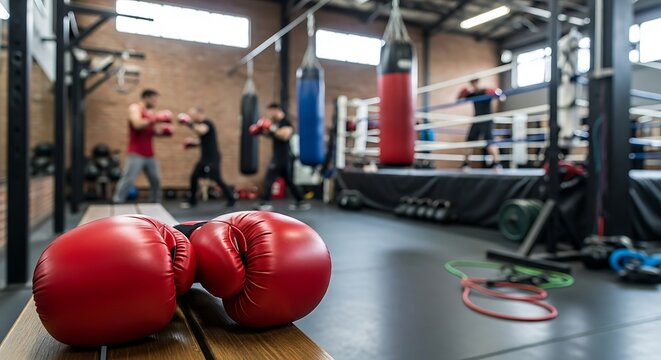 Closeup of red boxing gloves resting on a bench in a boxing gym with boxers training in the background, creating a dynamic and energetic atmosphere