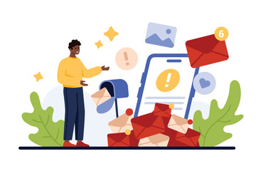 Email spam overload. Tiny man in anxiety and stress from online delivery of many spam letters and documents falling out of full mailbox, warning message on phone screen cartoon vector illustration