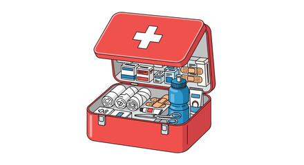 Vibrant illustration of an essential red first aid kit, meticulously packed with crucial medical supplies for general preparedness, urgent situations, and comprehensive health safety on the go