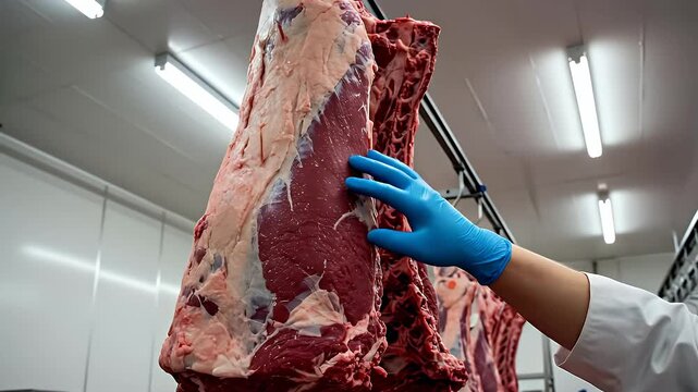 Close Up of Prime Beef Carcasses Hanging in a Cold Storage Facility Under Bright Fluorescent Lights A Hand in a Blue Glove Inspects the Meat