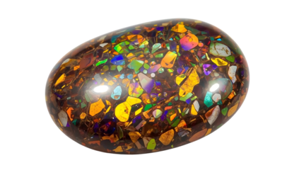 Polished ammolite gemstone with iridescent multicolored patterns on the transparent background, unique oval jewelry mineral closeup