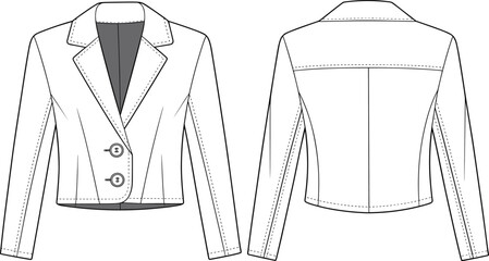 Women cropped blazer front and back view, long sleeve formal jacket design, fashion flat sketch, cad drawing flat vector illustration