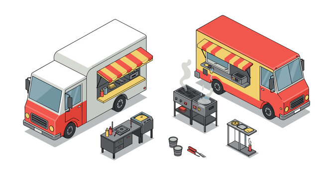 Isometric food trucks with outdoor grills and cooking equipment