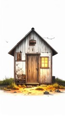 Rustic Cottage: A weathered wooden cottage, stands as a testament to simpler times, with its sturdy door and quaint window.  Evoking a sense of nostalgia and simplicity.