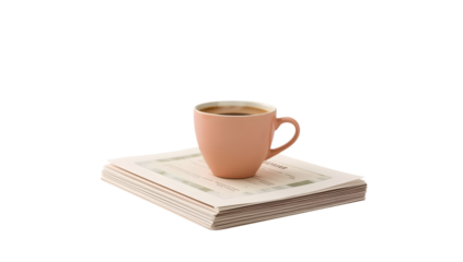 Minimalist pink coffee cup with cappuccino on newspaper stack isolated on white for morning routine and productivity concepts
