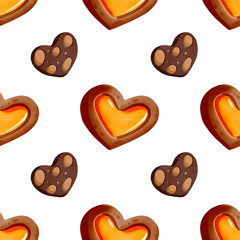 Seamless pattern Heart-shaped gingerbread. Delicious hand-drawn cookies. Watercolor illustration of the dessert. Winter holiday atmosphere.