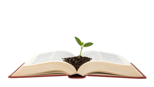 Open book with green seedling growing from soil on pages symbolizing knowledge, education, growth, learning, and nature on the transparent background
