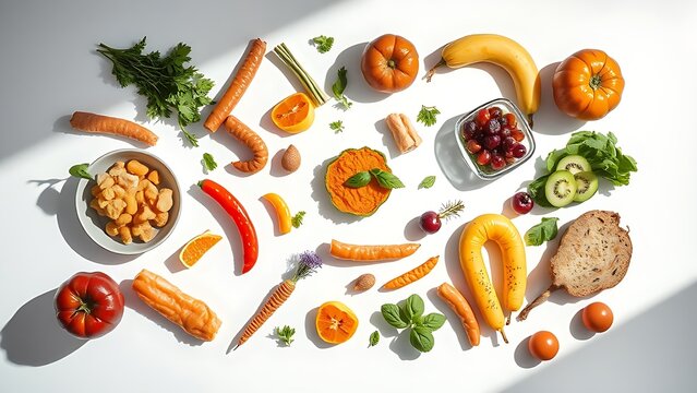 preservative. Overhead arrangement of unhealthy food items under stark clinical lighting with shadows. menu design, packaging mockups, designed for culinary blogs and recipe cards for restaurants.