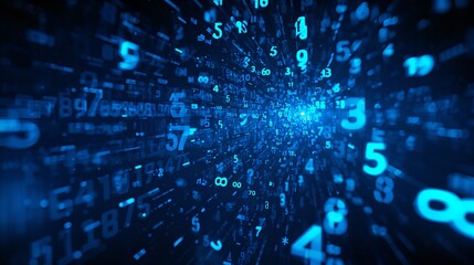 a vibrant digital tunnel of flowing numbers in shades of blue. The numbers are in motion, creating a dynamic and visually stimulating effect