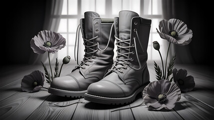 Pair of worn military boots and poppies on a wooden surface in black and white
