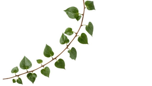 Green vine branch with heartshaped leaves isolated on the transparent background for nature, eco, and minimalist concepts
