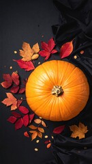 Autumn Pumpkin with Colorful Leaves: A vibrant autumn scene features a perfect pumpkin alongside an array of colorful leaves, all resting on a dark fabric creating a captivating fall harvest.