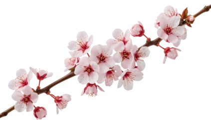 Cherry blossom branch with pink flowers and buds isolated on the transparent background, spring season nature botanical decoration