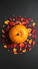 Autumnal Pumpkin and Leaves: A vibrant orange pumpkin rests at the center of a mesmerizing array of autumn leaves, showcasing the season's rich tapestry of colors and textures.
