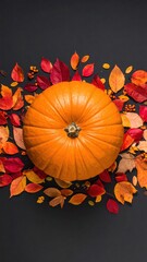 Harvest's Embrace: A vibrant pumpkin, surrounded by a cascade of autumn leaves, invites a celebration of the season's bounty and warm colors.
