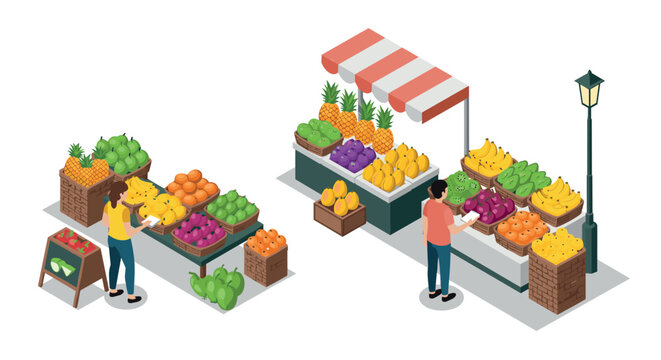 Isometric market scene with people shopping at fruit and vegetable stalls