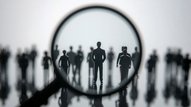a close-up shot of a magnifying glass with a crowd of tiny human figures in the background. The magnifying glass focuses on the most prominent figure