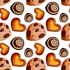 Seamless pattern with heart-shaped gingerbread cookies, candies. Delicious hand-drawn sweets. Watercolor illustration of the dessert. Winter holiday atmosphere.