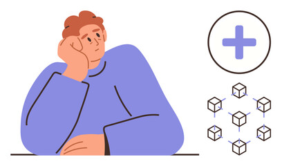 Person resting head on hand in deep thought, surrounded by a plus sign and interconnected cubes. Ideal for problem-solving, innovation, brainstorming, networking, inspiration, creativity, simple flat