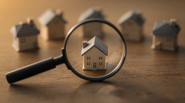 a miniature house under a magnifying glass, symbolizing the concept of real estate inspection and property search
