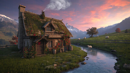 Charming Countryside Pub with Sheep Grazing by the River at Sunset, Featuring a Stone Cottage with Mossy Roof and Mountain Backdrop