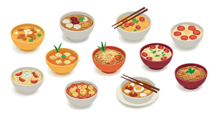 Assorted asian noodles in bowls with toppings and chopsticks in isometric style