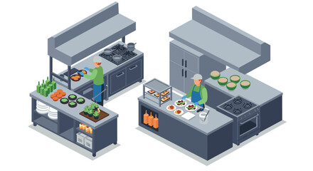 Modern isometric commercial kitchen with chefs cooking and preparing meals