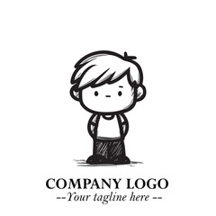 Black and White Chibi Boy Illustration with Jacket and Boots in Bold Thick Line Art Minimal Style