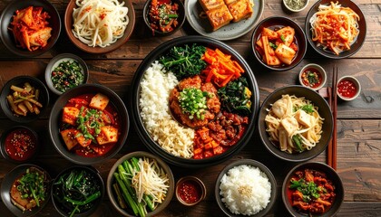 Overhead View Of A Korean Feast With Bibimbap And Various Banchan Side Dishes Artfully Arranged On A Rustic Wooden Table