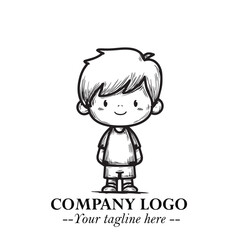 Black and White Chibi Boy Illustration with Jacket and Boots in Bold Thick Line Art Minimal Style