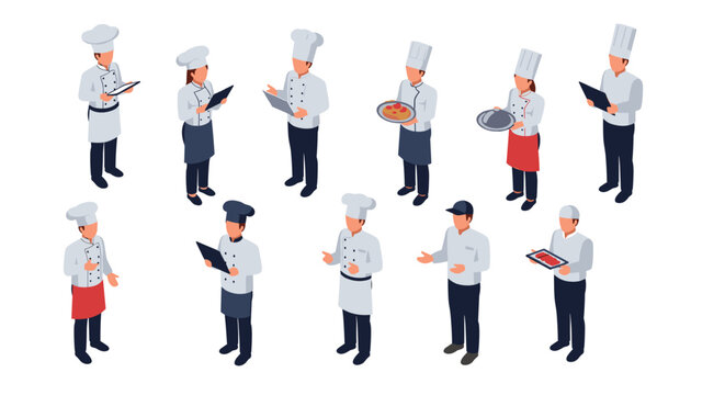 Isometric set of diverse chef characters in various poses and uniforms