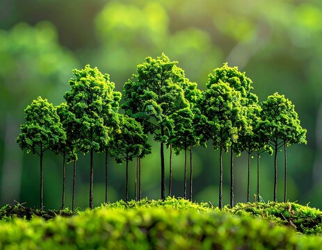 A macro shot of small, model-like trees atop a bed of moss. The background is a blurred, green forest - Powered by Adobe