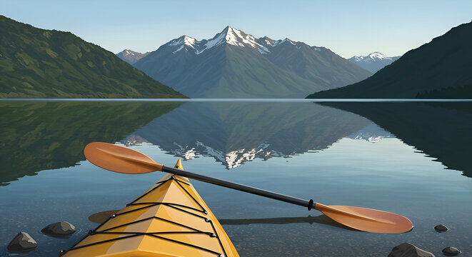 Kayaker enjoying serene mountain lake scenery with snow-capped peaks reflecting in still water. Calm action of kayaking in a tranquil lake setting. - Powered by Adobe