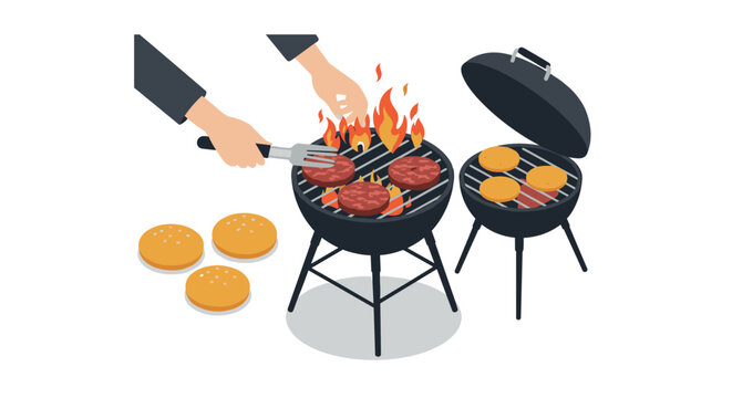 Isometric grilling scene with burgers and flames for summer bbq imagery
