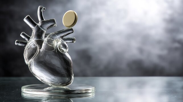 statin. An abstract glass sculpture of a human heart, with a single statin pill balanced on its top. event programs, museum guides, designed for cultural heritage projects and event programs.