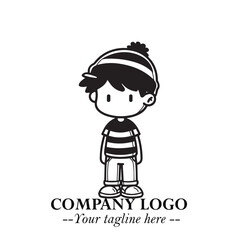 Black and White Chibi Boy Illustration with Jacket and Boots in Bold Thick Line Art Minimal Style
